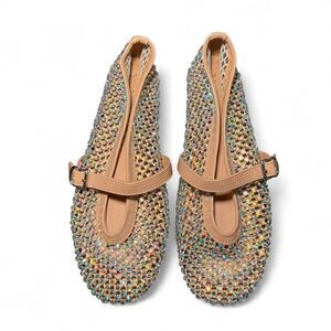 Bamboo Sparkly Mesh Mary Jane Flats Women’s Size 11M Nude Beige Rhinestone Balle